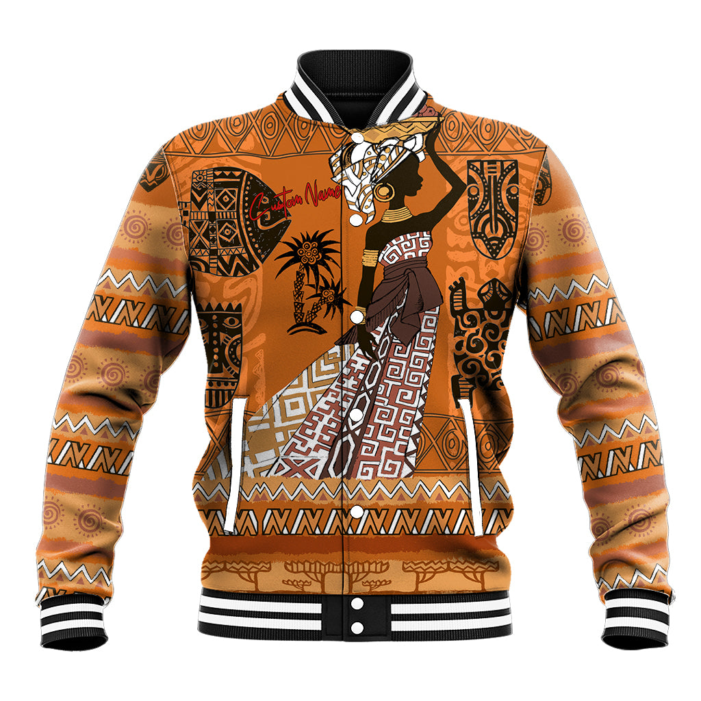 Orange African baseball jacket with tribal print, snap front, striped rib cuffs