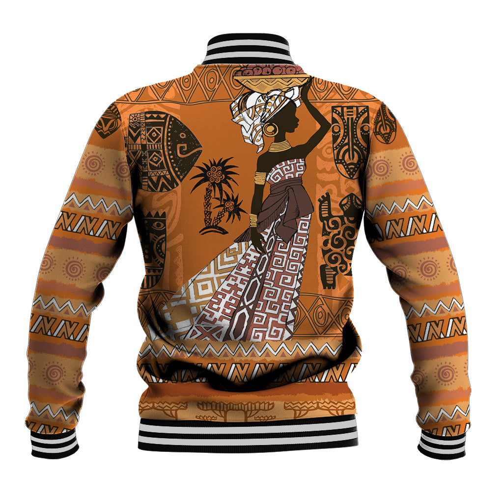 Orange African baseball jacket with tribal back graphic, snap front, striped rib cuffs