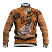 Orange African baseball jacket with tribal back graphic, snap front, striped rib cuffs