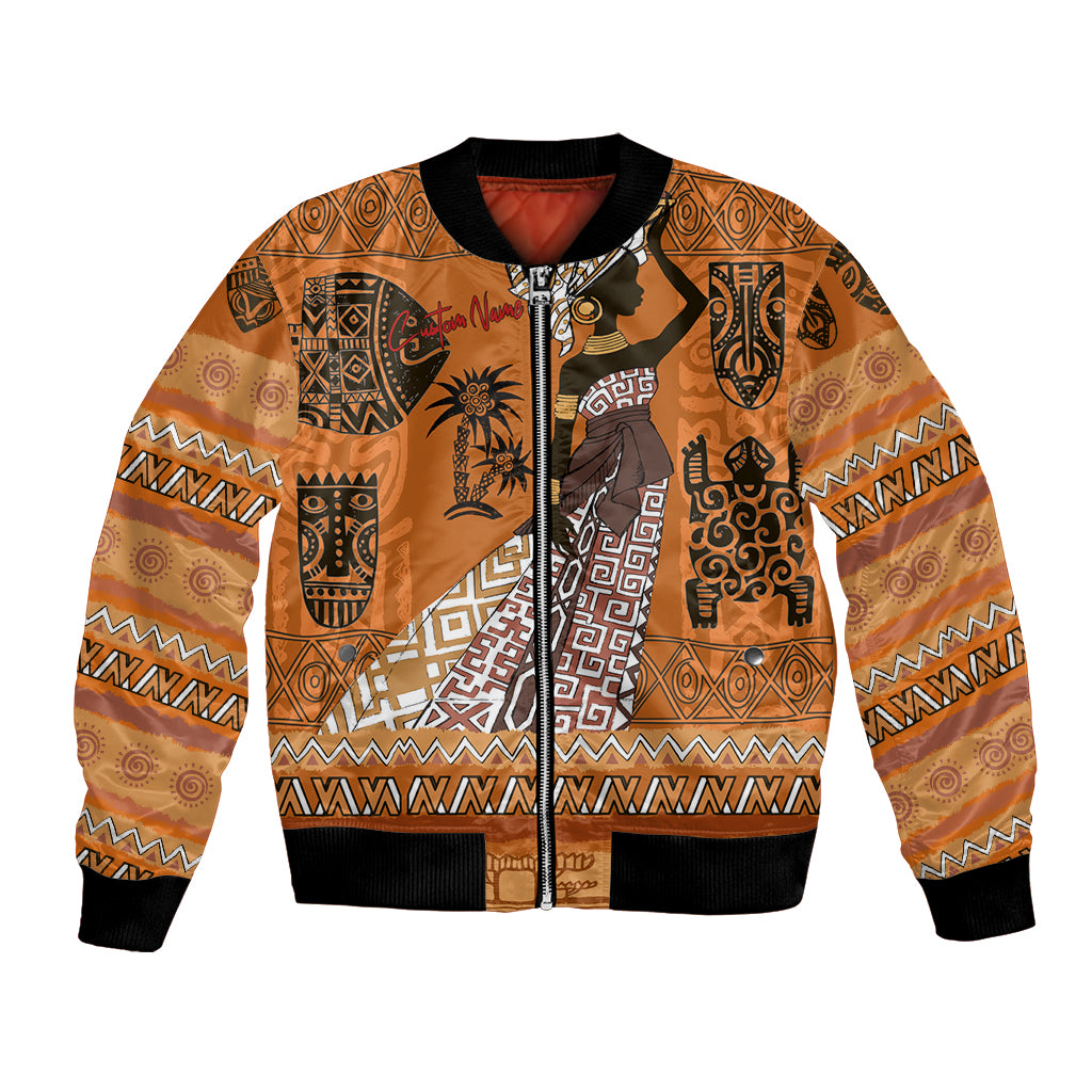 Women's unisex bomber jacket with orange tribal print, front zipper, black ribbed cuffs