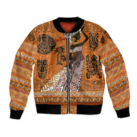 Women's unisex bomber jacket with orange tribal print, front zipper, black ribbed cuffs