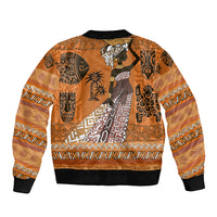 Unisex bomber jacket, orange patterned artwork panel, black ribbed collar and hem, zip front