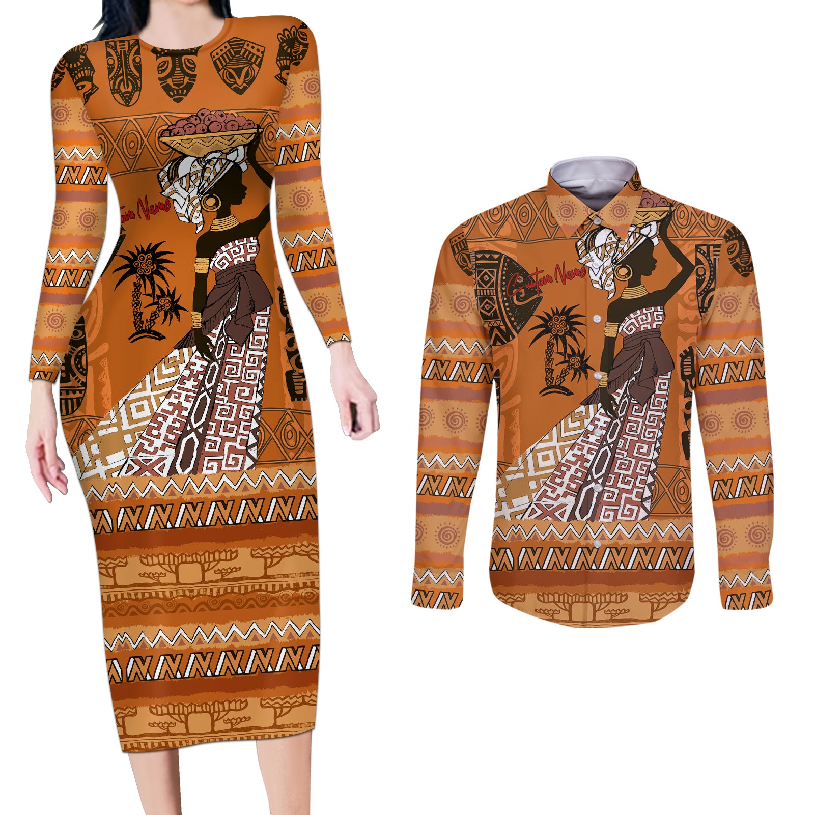 Personalized Beautiful Woman African Couples Matching Long Sleeve Bodycon Dress and Long Sleeve Button Shirt - Wonder Print Shop