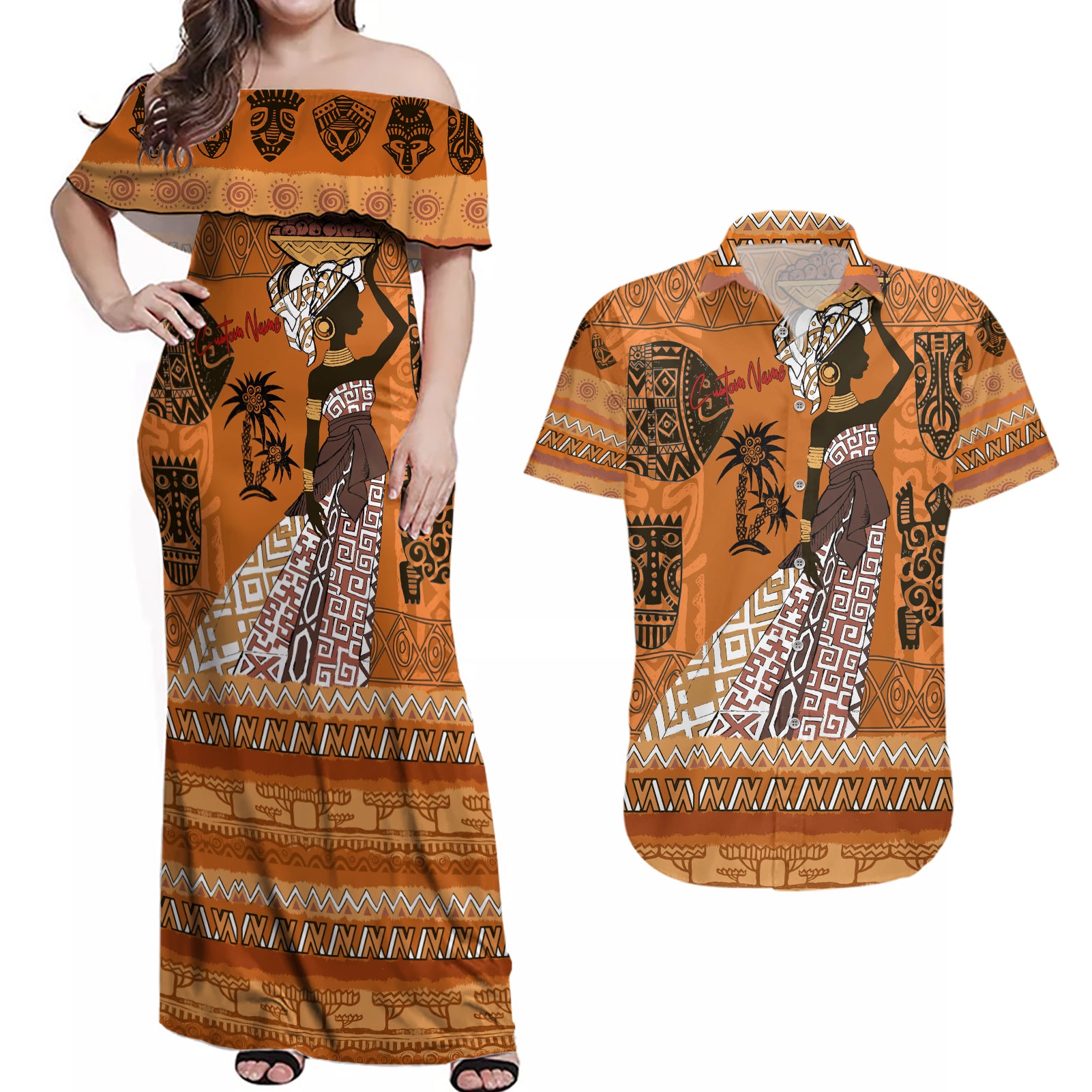 Personalized Beautiful Woman African Couples Matching Off Shoulder Maxi Dress and Hawaiian Shirt - Wonder Print Shop