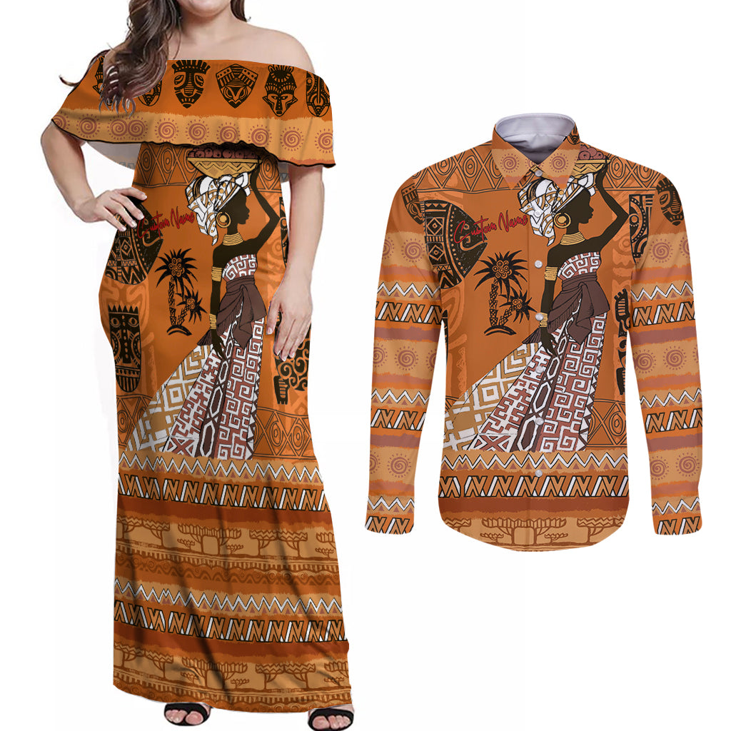 Personalized Beautiful Woman African Couples Matching Off Shoulder Maxi Dress and Long Sleeve Button Shirt - Wonder Print Shop