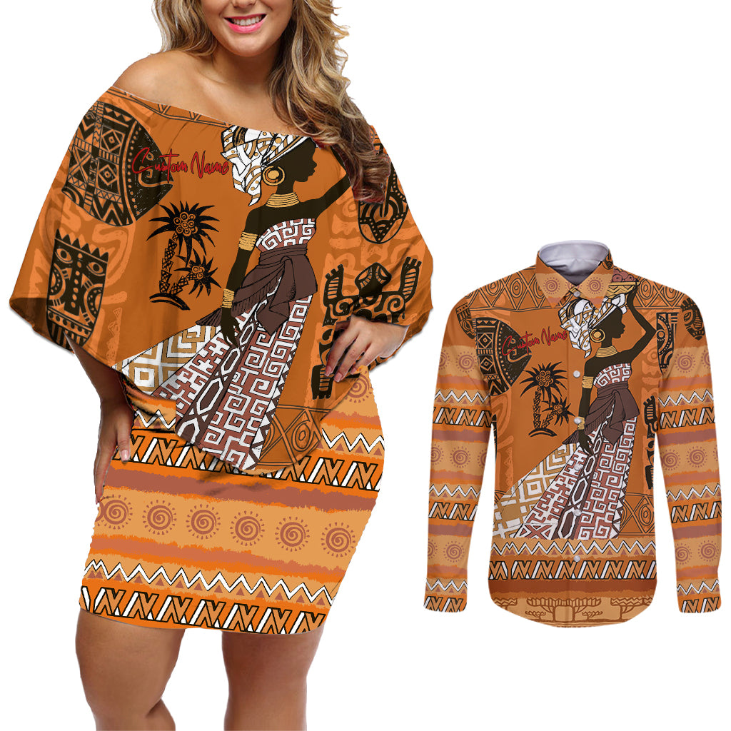 Personalized Beautiful Woman African Couples Matching Off Shoulder Short Dress and Long Sleeve Button Shirt - Wonder Print Shop