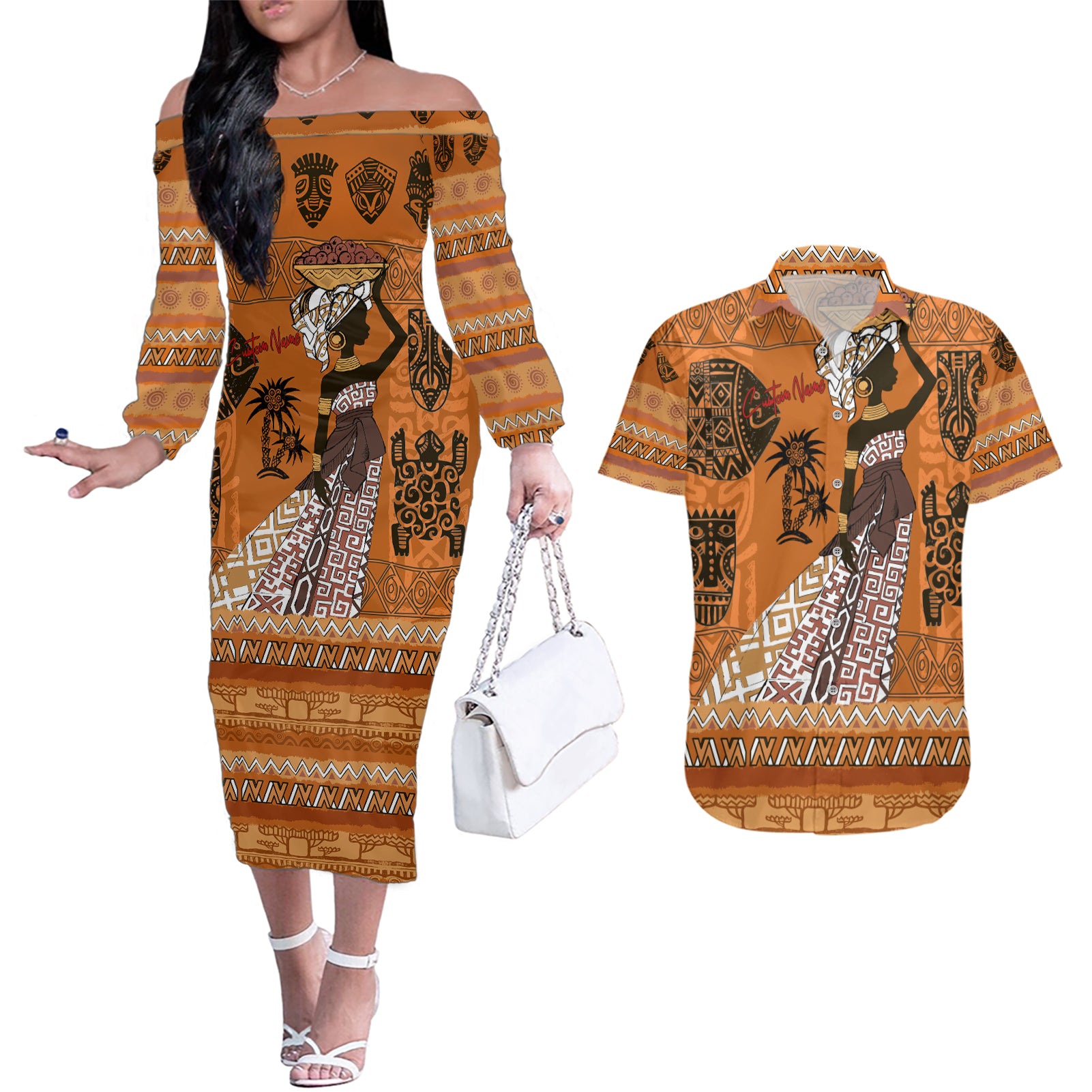 Personalized Beautiful Woman African Couples Matching Off The Shoulder Long Sleeve Dress and Hawaiian Shirt - Wonder Print Shop