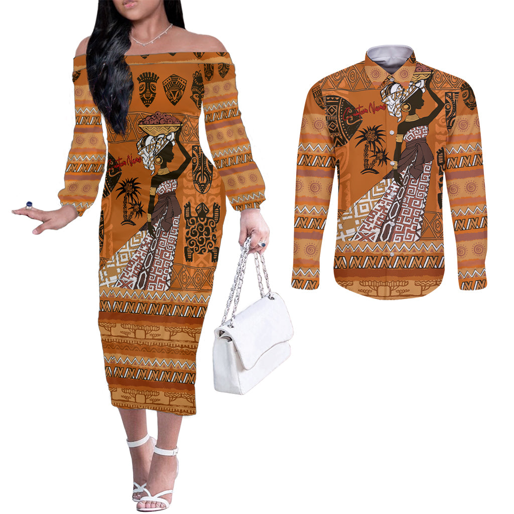 Personalized Beautiful Woman African Couples Matching Off The Shoulder Long Sleeve Dress and Long Sleeve Button Shirt