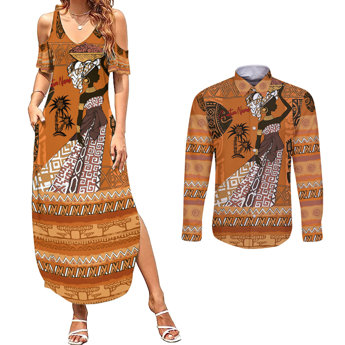 Personalized Beautiful Woman African Couples Matching Summer Maxi Dress and Long Sleeve Button Shirt - Wonder Print Shop