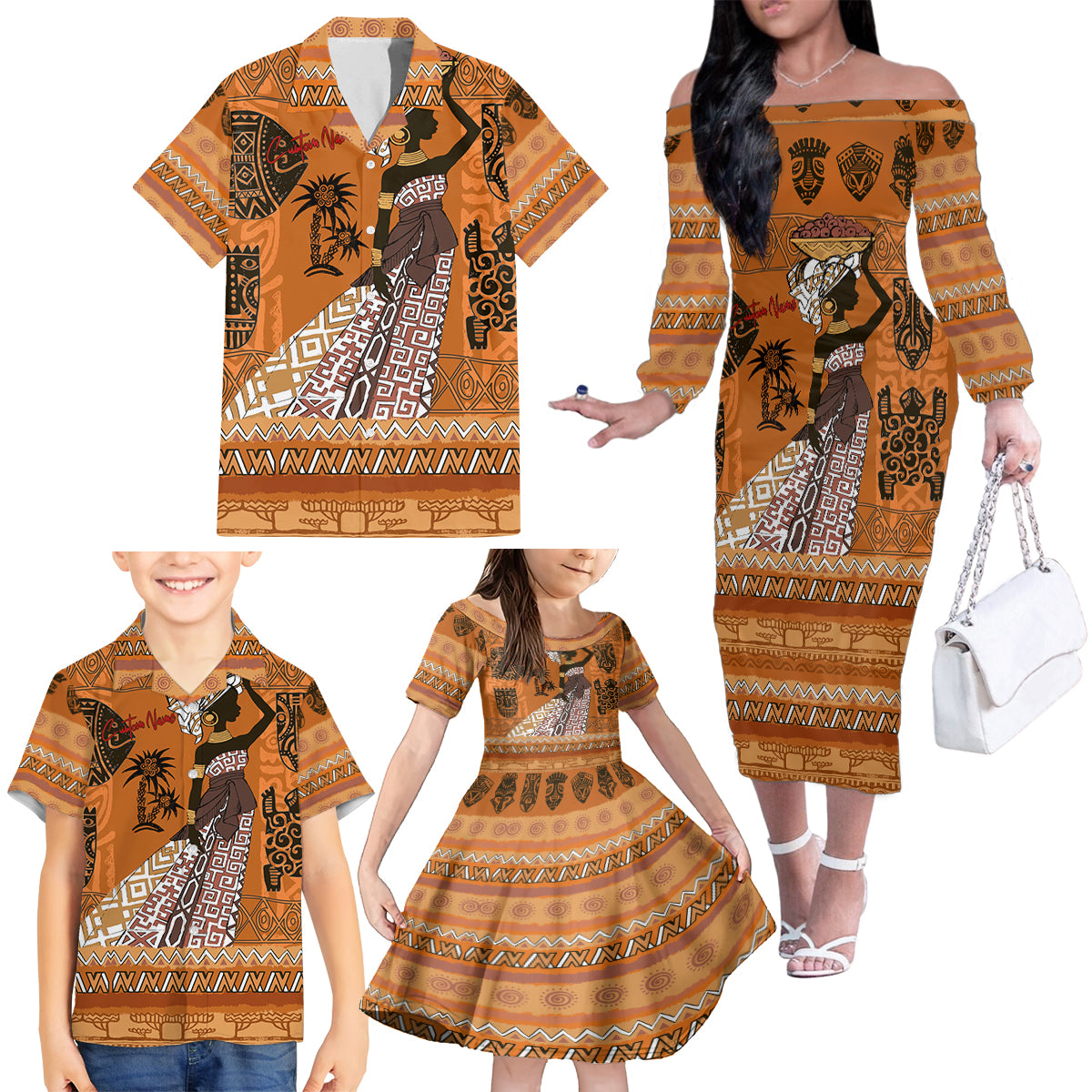 Personalized Beautiful Woman African Family Matching Off Shoulder Long Sleeve Dress and Hawaiian Shirt - Wonder Print Shop