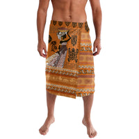 Knee-length patterned lavalava skirt with orange and black geometric panels