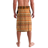 Knee-length patterned lavalava skirt with orange and black geometric stripe back