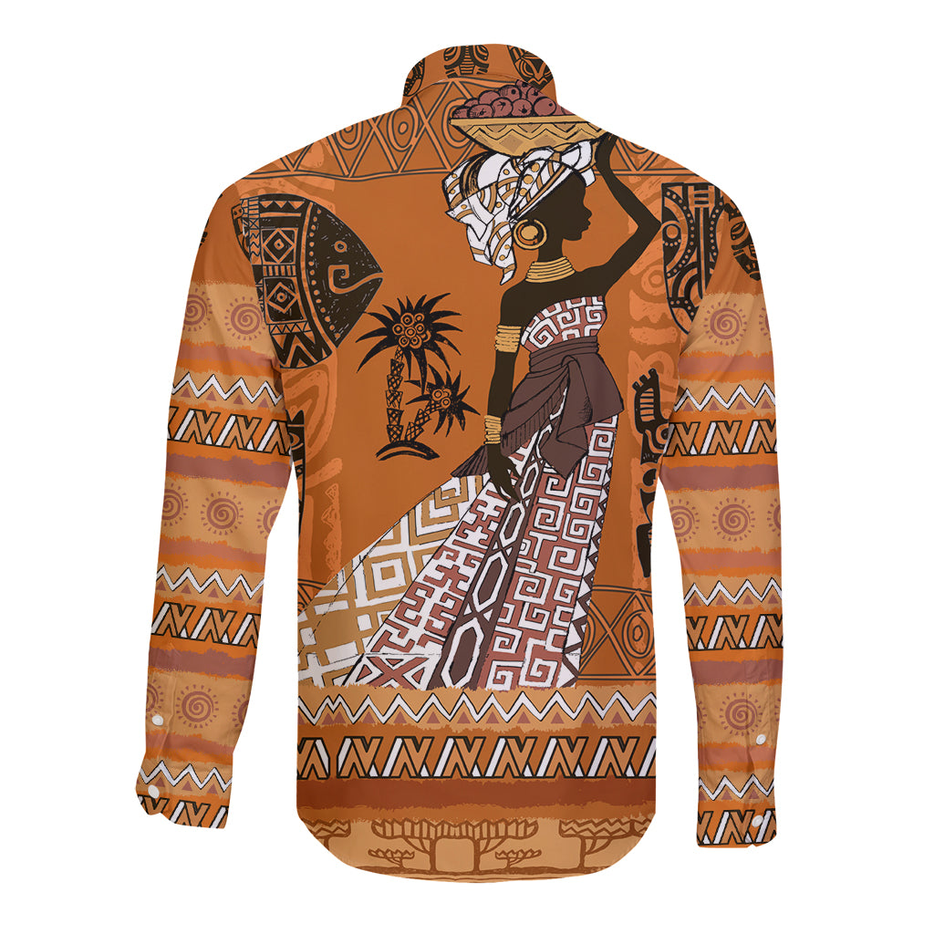 Orange African long-sleeve button shirt with large back portrait graphic and tribal borders