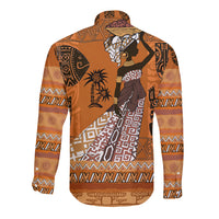 Orange African long-sleeve button shirt with large back portrait graphic and tribal borders