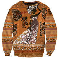 African sweatshirt with long sleeves, crew neck, orange tribal print featuring a woman graphic
