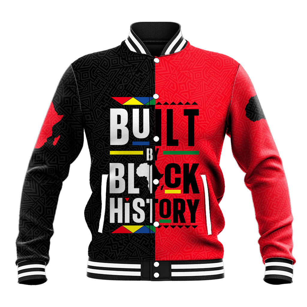 Red and black baseball jacket with snap buttons, ribbed collar, and large front graphic