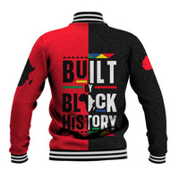 Red and black baseball jacket with ribbed collar, snap front, and large back graphic