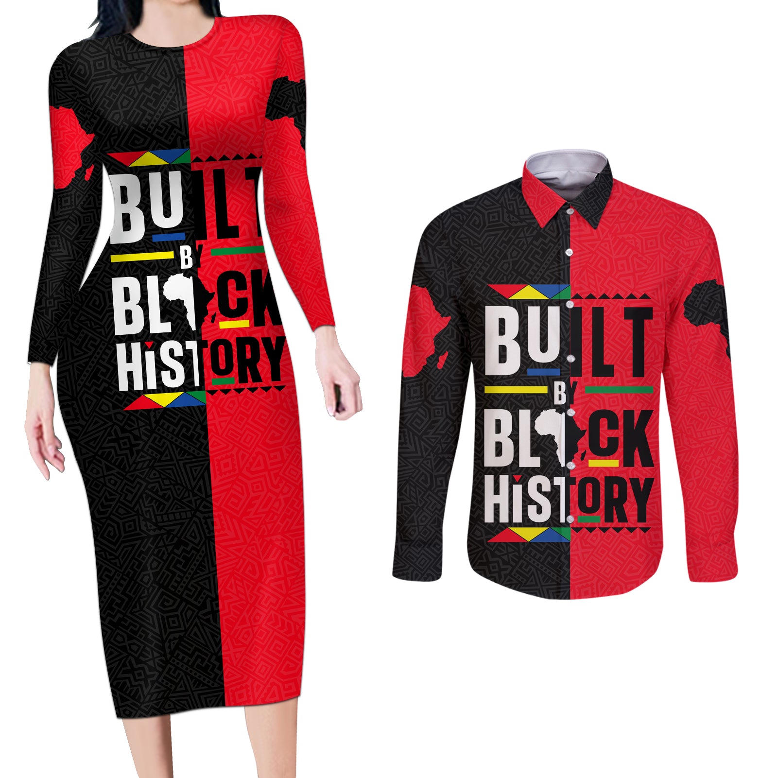 Built By Black History Couples Matching Long Sleeve Bodycon Dress and Long Sleeve Button Shirt - Wonder Print Shop