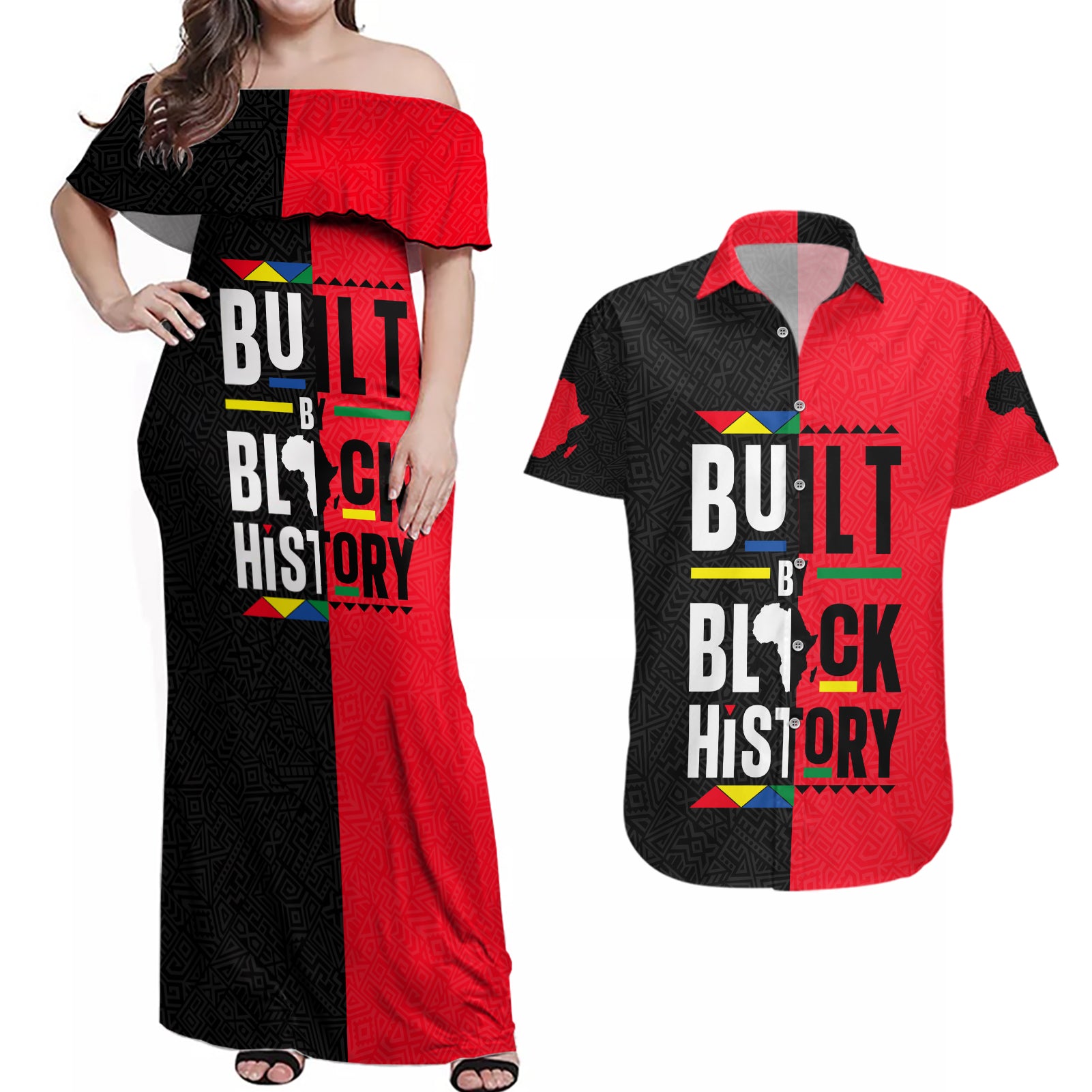 Built By Black History Couples Matching Off Shoulder Maxi Dress and Hawaiian Shirt - Wonder Print Shop