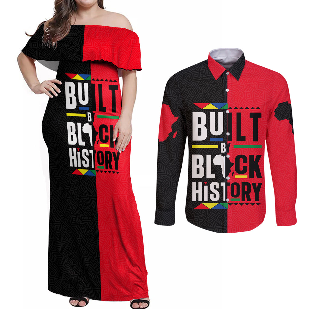 Built By Black History Couples Matching Off Shoulder Maxi Dress and Long Sleeve Button Shirt - Wonder Print Shop