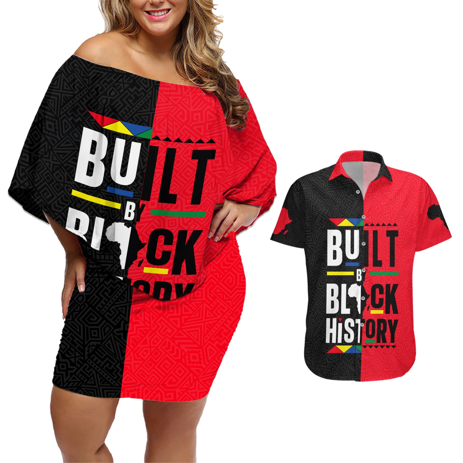 Built By Black History Couples Matching Off Shoulder Short Dress and Hawaiian Shirt - Wonder Print Shop