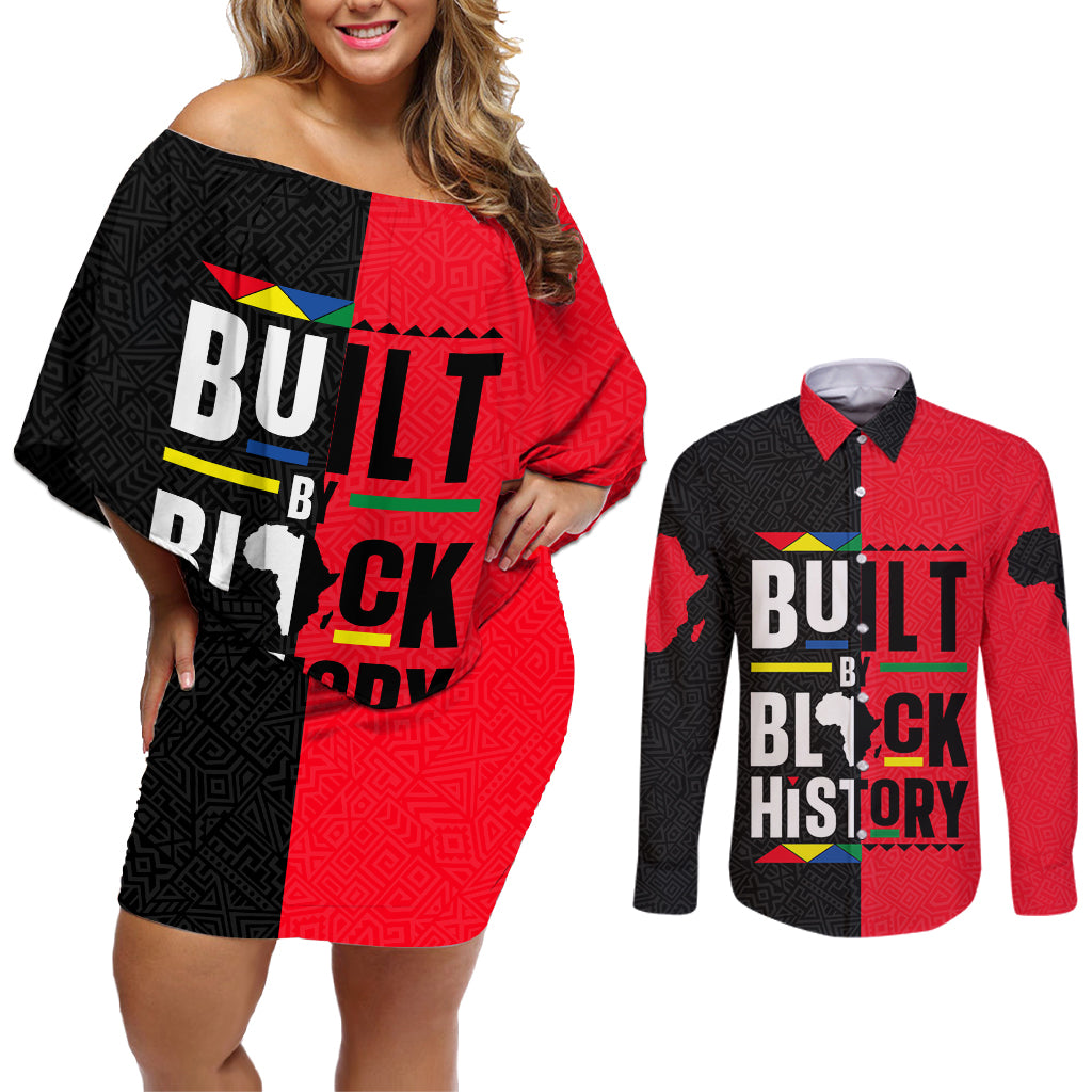 Built By Black History Couples Matching Off Shoulder Short Dress and Long Sleeve Button Shirt - Wonder Print Shop