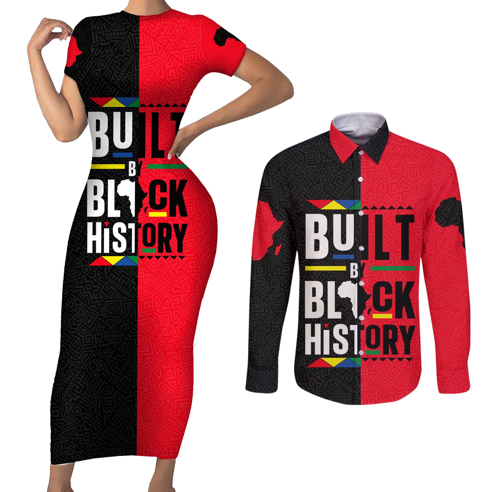 Built By Black History Couples Matching Short Sleeve Bodycon Dress and Long Sleeve Button Shirt - Wonder Print Shop