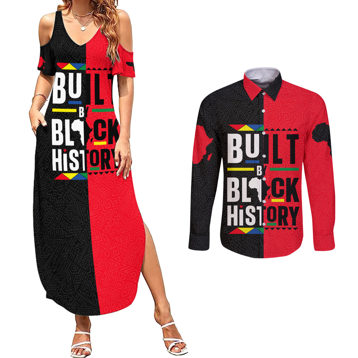 Built By Black History Couples Matching Summer Maxi Dress and Long Sleeve Button Shirt - Wonder Print Shop