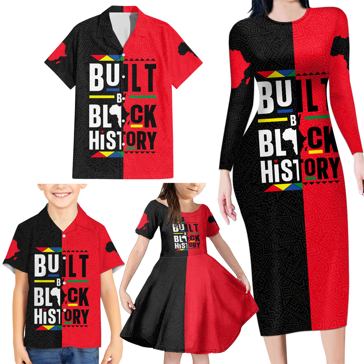 Built By Black History Family Matching Long Sleeve Bodycon Dress and Hawaiian Shirt - Wonder Print Shop