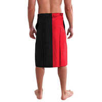 Men's lavalava with black and red vertical panels and textured geometric pattern