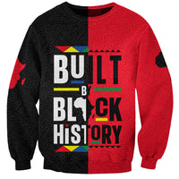 Unisex crewneck sweatshirt, black and red with BUILT BY BLACK HISTORY graphic