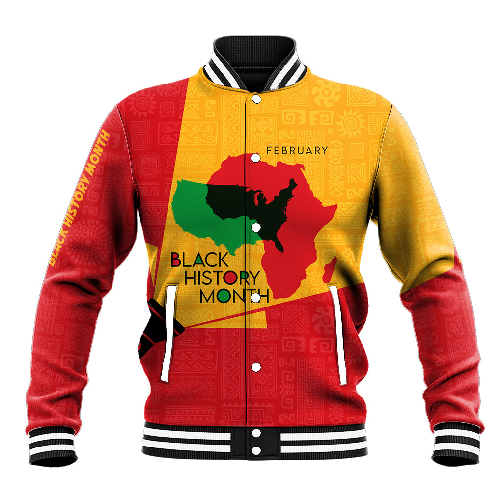 Red and gold baseball jacket with striped collar, Black History Month February front graphic
