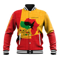 Red and gold baseball jacket with striped collar, Black History Month February front graphic