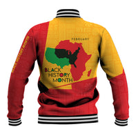 Red and gold baseball jacket with striped cuffs, Black History Month February back map graphic