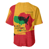 Baseball jersey back with yellow and red background, map graphic and FEBRUARY print