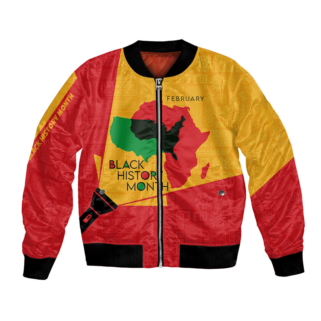Multicolor bomber jacket with front zipper, ribbed collar, and Black History Month graphic