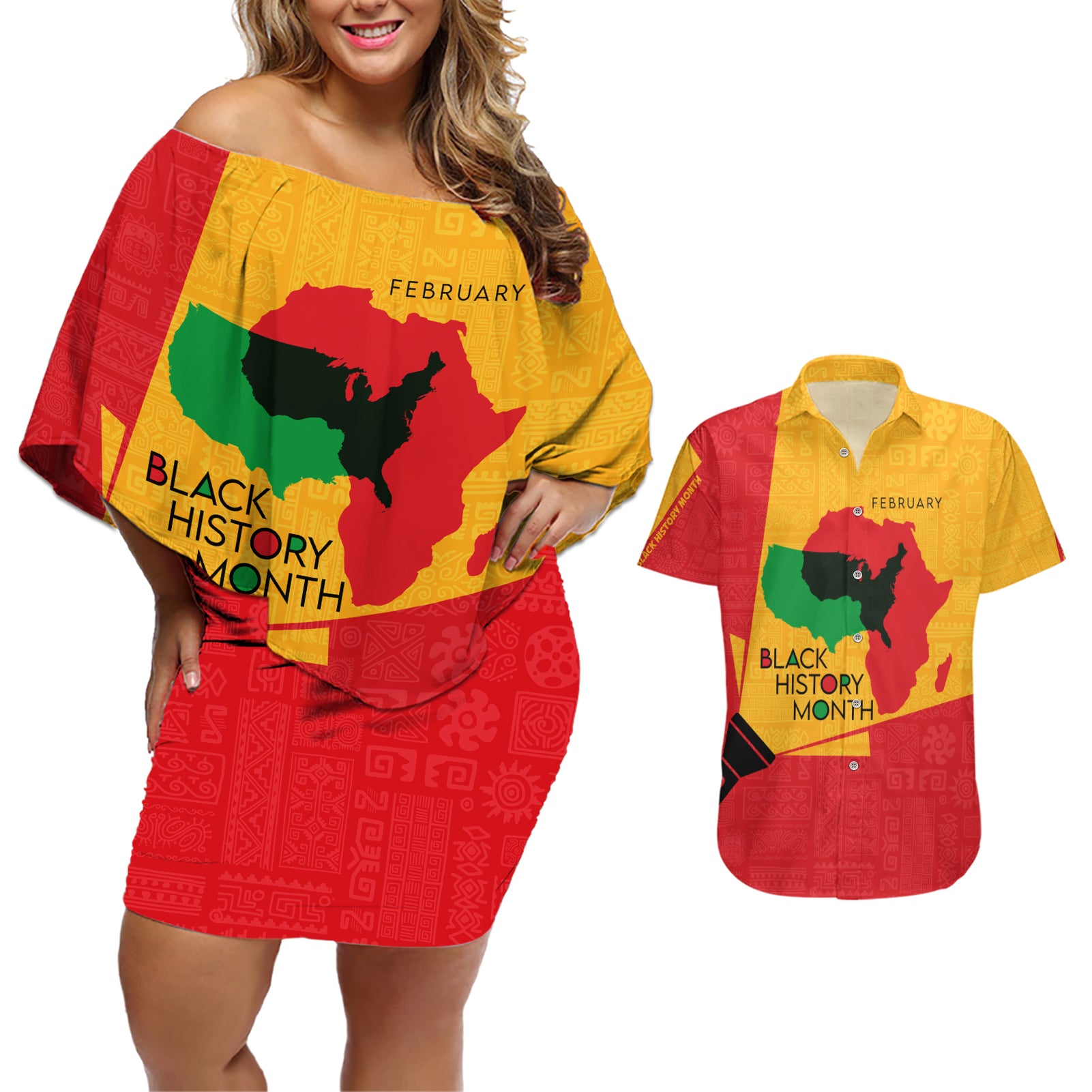 Black History Month Couples Matching Off Shoulder Short Dress and Hawaiian Shirt African February - Wonder Print Shop