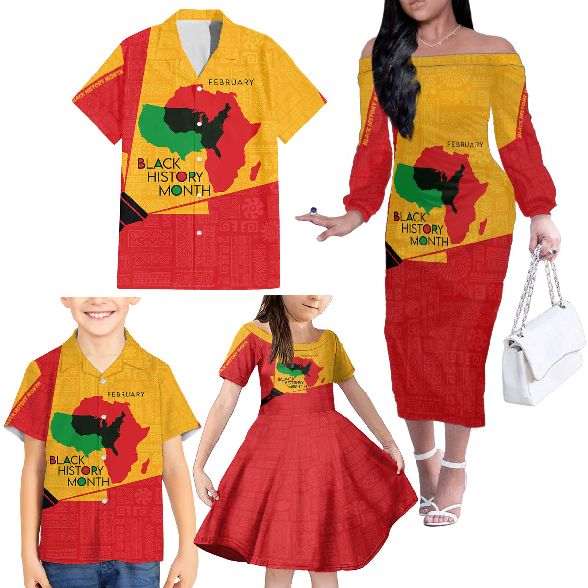 Black History Month Family Matching Off Shoulder Long Sleeve Dress and Hawaiian Shirt African February - Wonder Print Shop