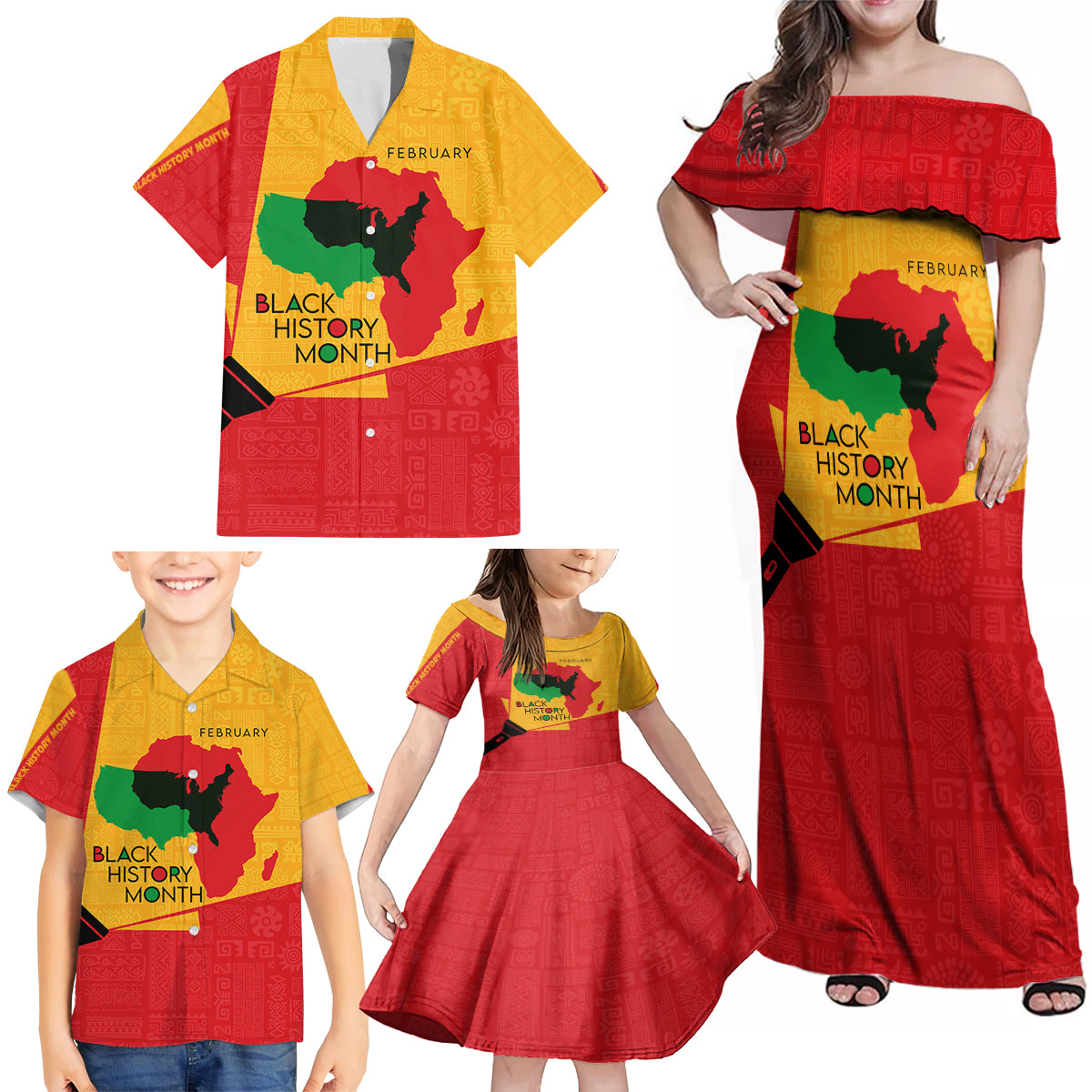 Black History Month Family Matching Off Shoulder Maxi Dress and Hawaiian Shirt African February - Wonder Print Shop