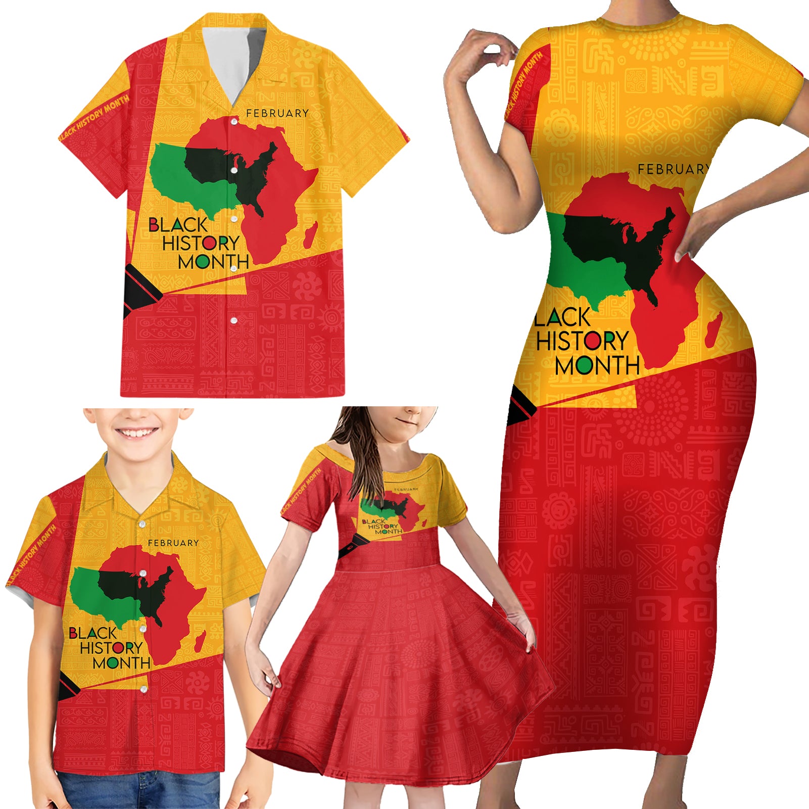 Black History Month Family Matching Short Sleeve Bodycon Dress and Hawaiian Shirt African February - Wonder Print Shop