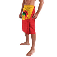 Red lavalava skirt with yellow, green and black map graphic waistband