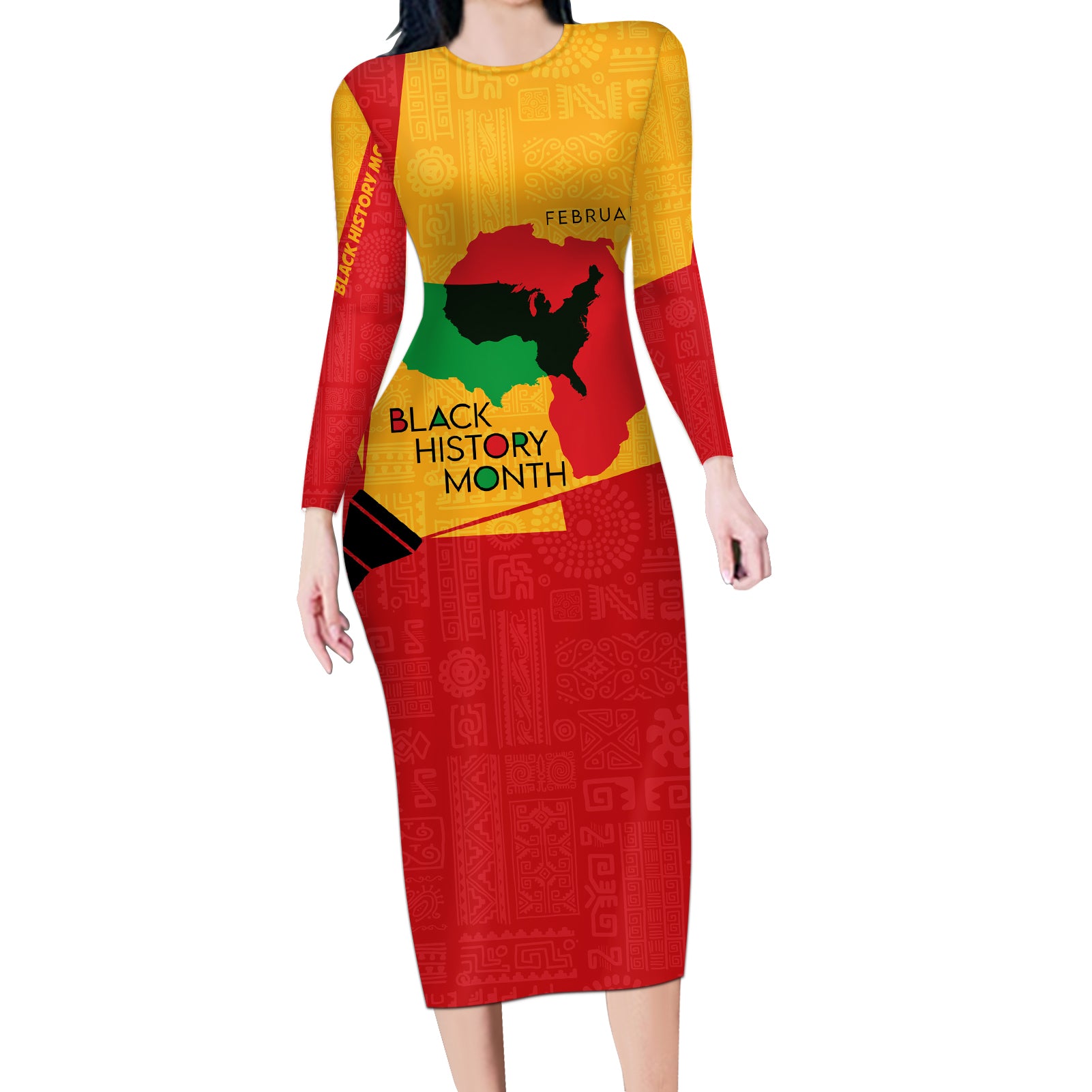 Black History Month Long Sleeve Bodycon Dress African February - Wonder Print Shop