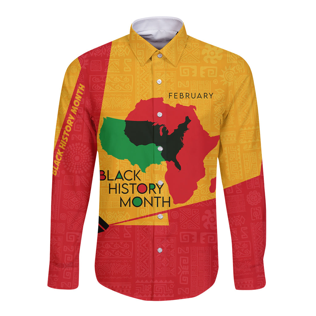 Long-sleeve button-up shirt with Black History Month graphic and collared front