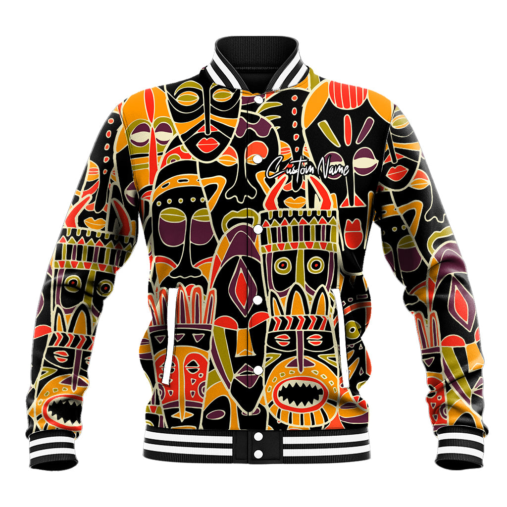 Colorful African mask print baseball jacket, black base, ribbed collar and cuffs