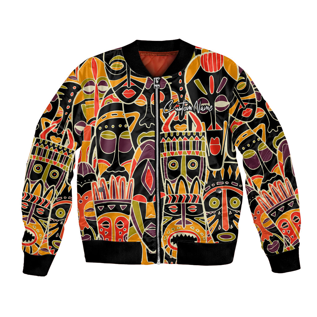 Unisex bomber jacket with bold African face graphic, black ribbed cuffs and hem, zip front