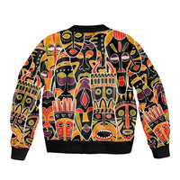 Unisex bomber jacket with colorful tribal face collage, black ribbed collar, cuffs, and hem