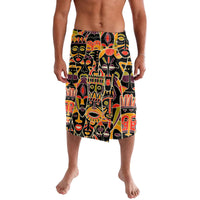 Men's knee-length lavalava shorts with colorful African face pattern and elastic waist
