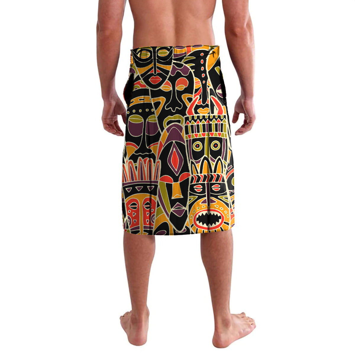 Men's knee-length lavalava shorts, colorful mask-style faces, relaxed fit