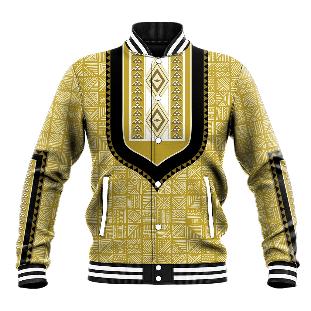 Yellow patterned dashiki baseball jacket with black snap front and ribbed cuffs