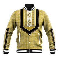 Yellow patterned dashiki baseball jacket with black snap front and ribbed cuffs